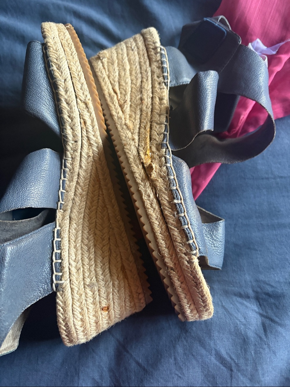 Eileen Fisher Navy Blue Leather Espadrille Wedge Sandals - Picture 7 of 8